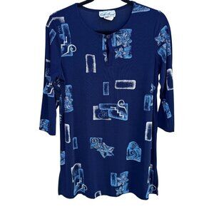 Carolyn Strauss Collection Womens Blue Patterned 3/4 Sleeve Stretch Tunic Top M